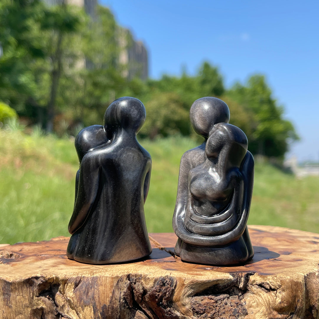 Natural Crystal Silver Obsidian Embracing Couple Carving