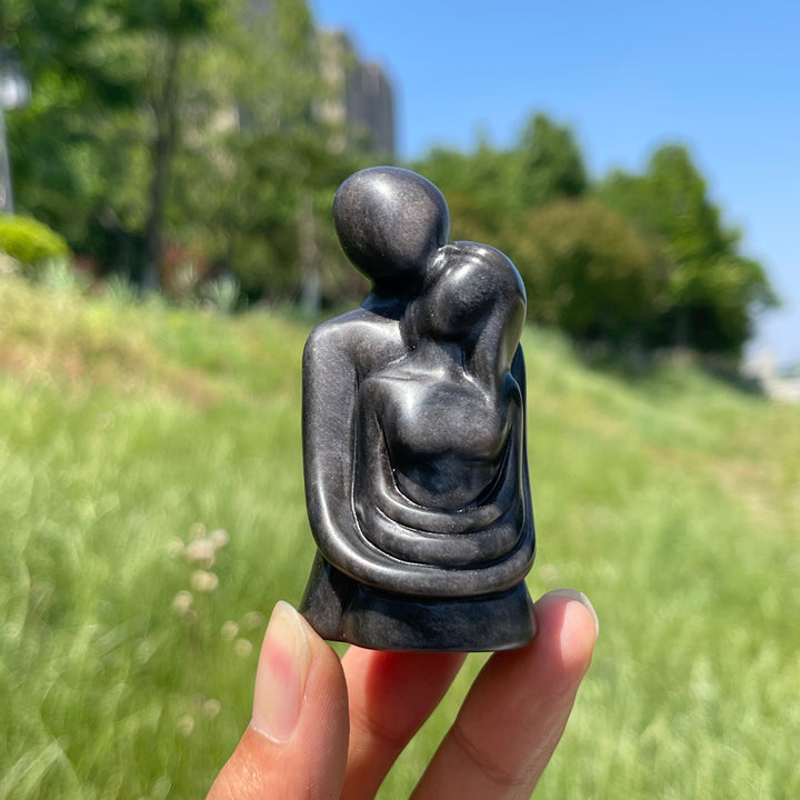 Natural Crystal Silver Obsidian Embracing Couple Carving