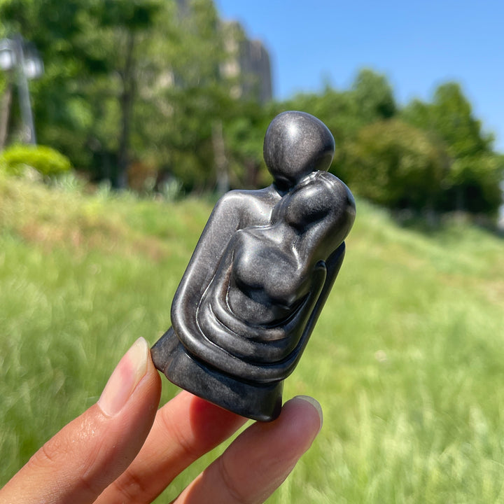Natural Crystal Silver Obsidian Embracing Couple Carving