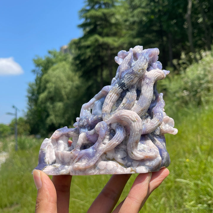 Unique,Natural Enchanted Blue Flower Agate Nine-Tailed Fox Carving