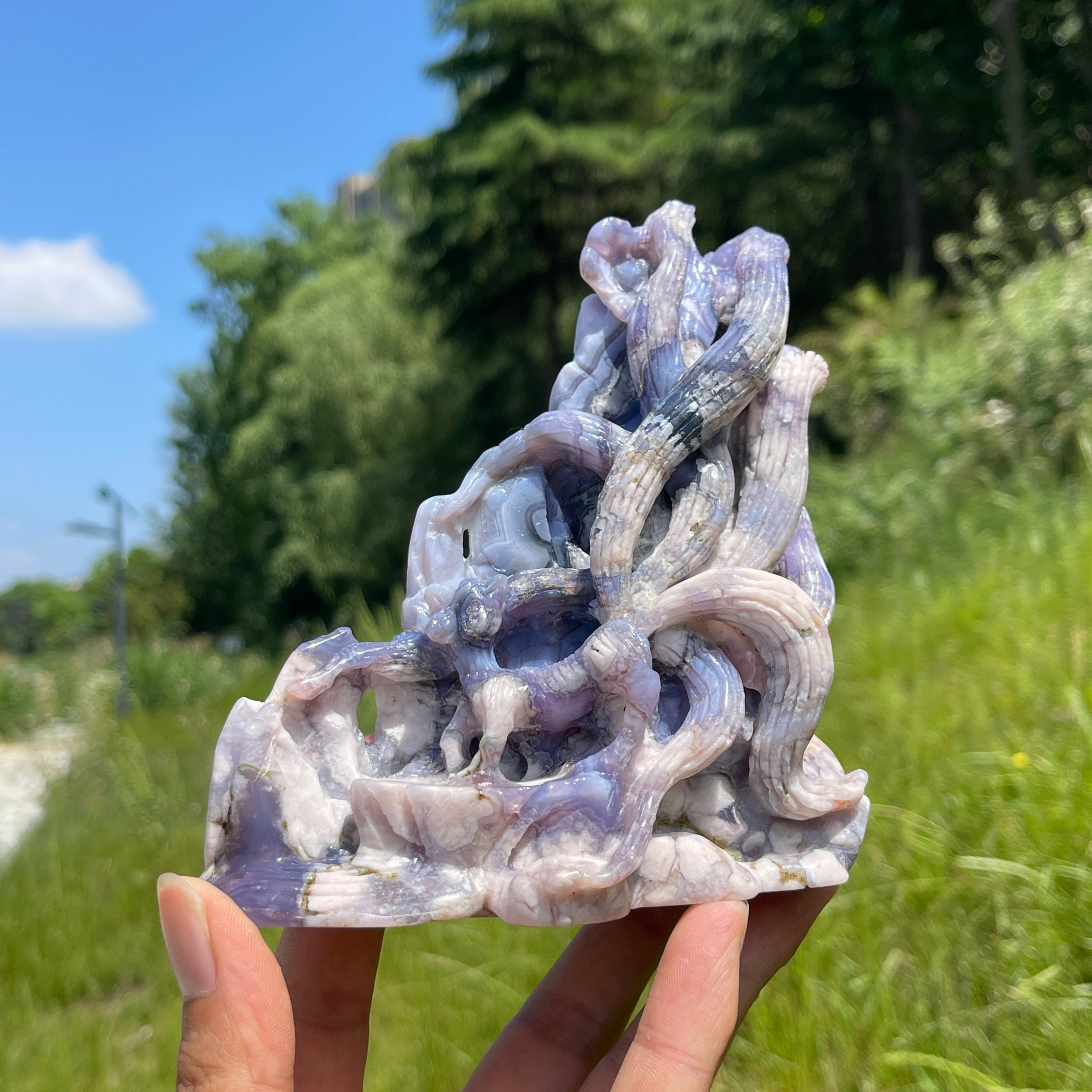 Unique,Natural Enchanted Blue Flower Agate Nine-Tailed Fox Carving
