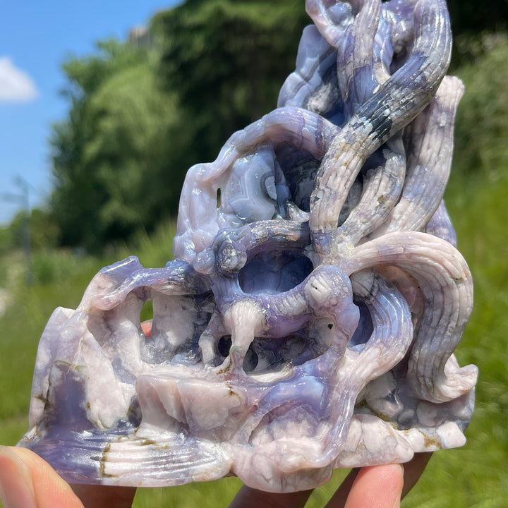 Unique,Natural Enchanted Blue Flower Agate Nine-Tailed Fox Carving