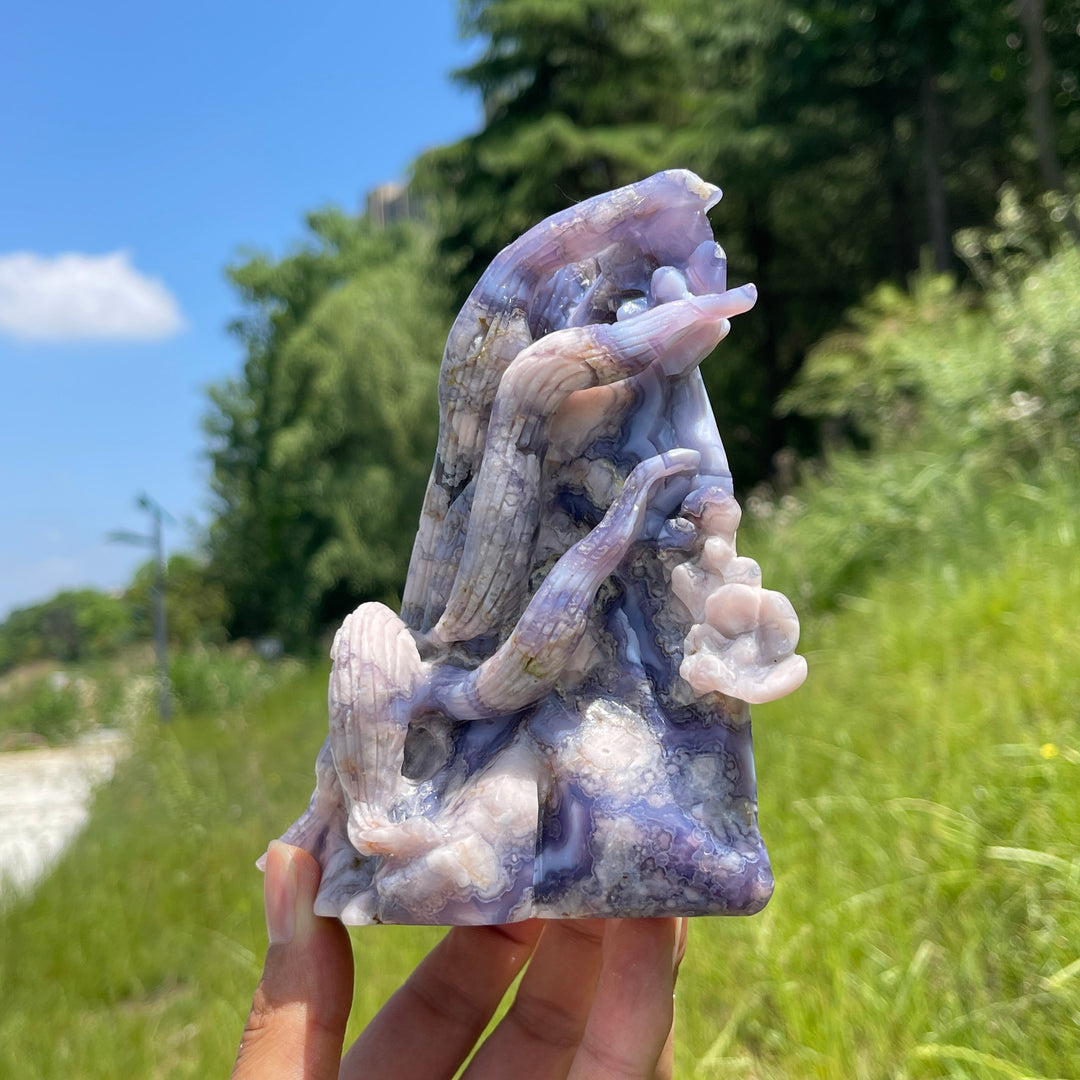 Unique,Natural Enchanted Blue Flower Agate Nine-Tailed Fox Carving