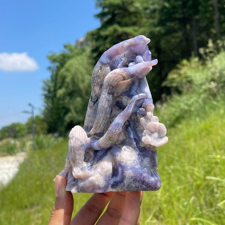 Unique,Natural Enchanted Blue Flower Agate Nine-Tailed Fox Carving