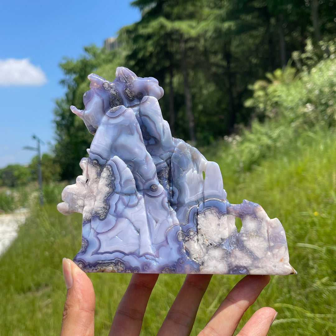 Unique,Natural Enchanted Blue Flower Agate Nine-Tailed Fox Carving