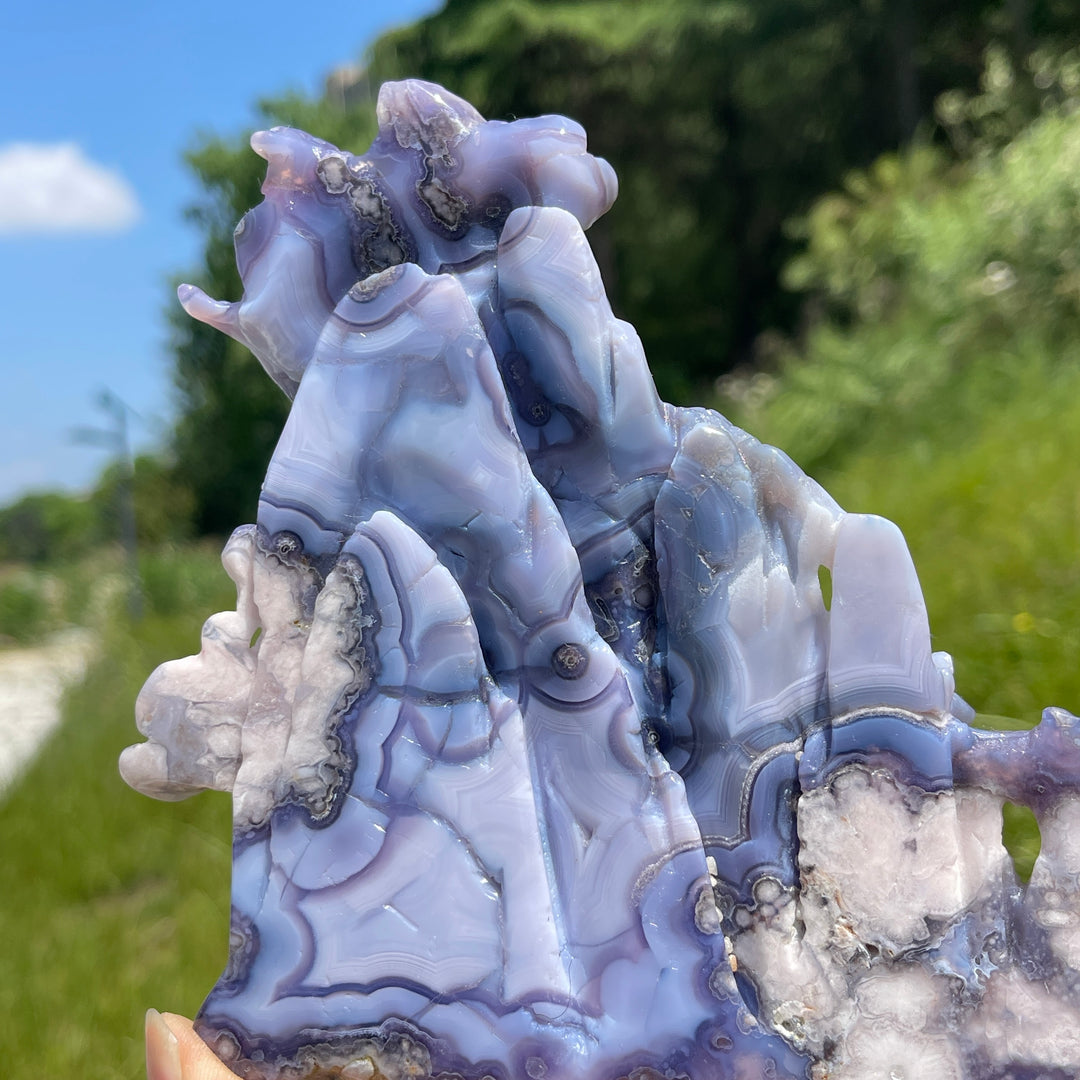 Unique,Natural Enchanted Blue Flower Agate Nine-Tailed Fox Carving