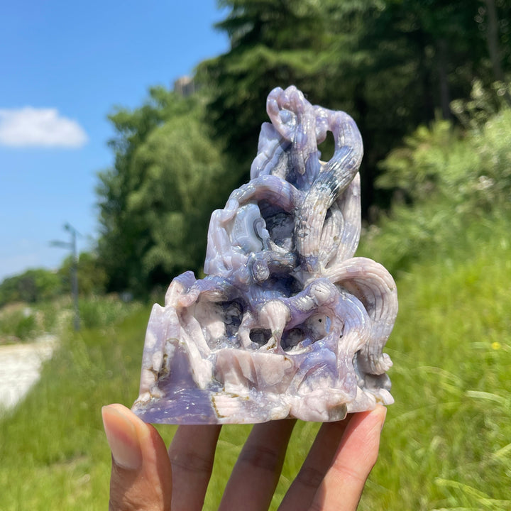 Unique,Natural Enchanted Blue Flower Agate Nine-Tailed Fox Carving