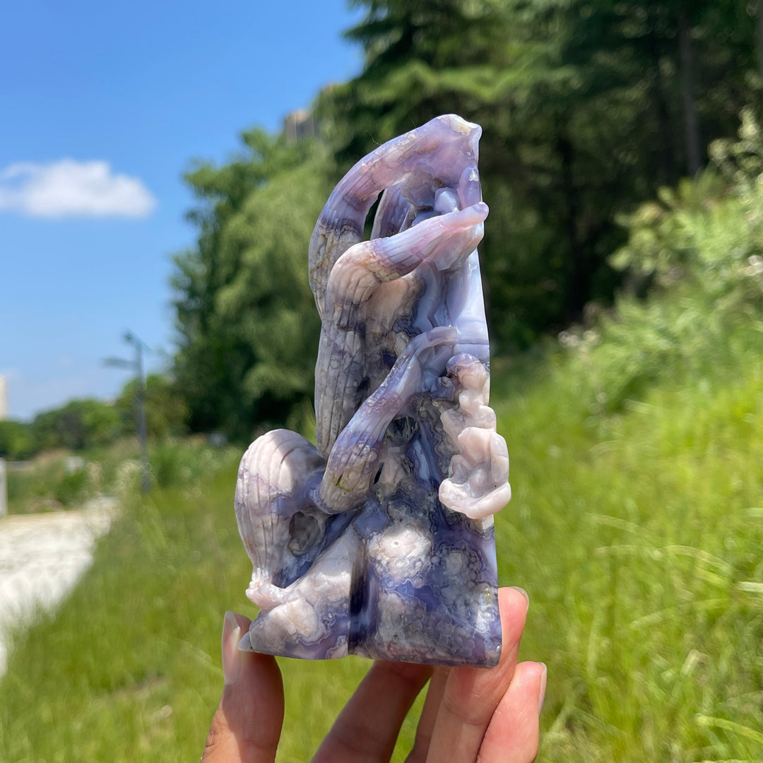 Unique,Natural Enchanted Blue Flower Agate Nine-Tailed Fox Carving