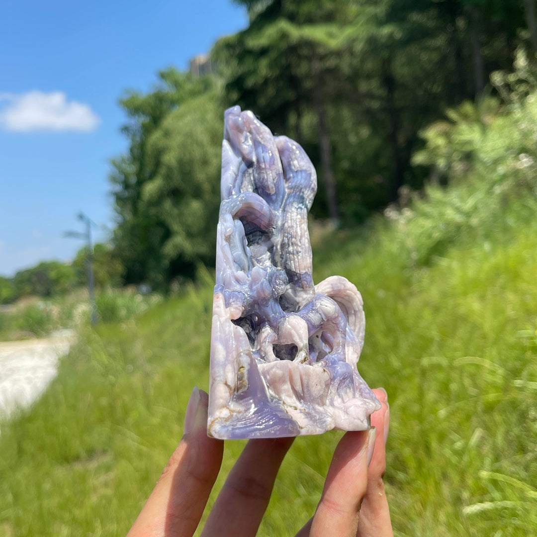 Unique,Natural Enchanted Blue Flower Agate Nine-Tailed Fox Carving