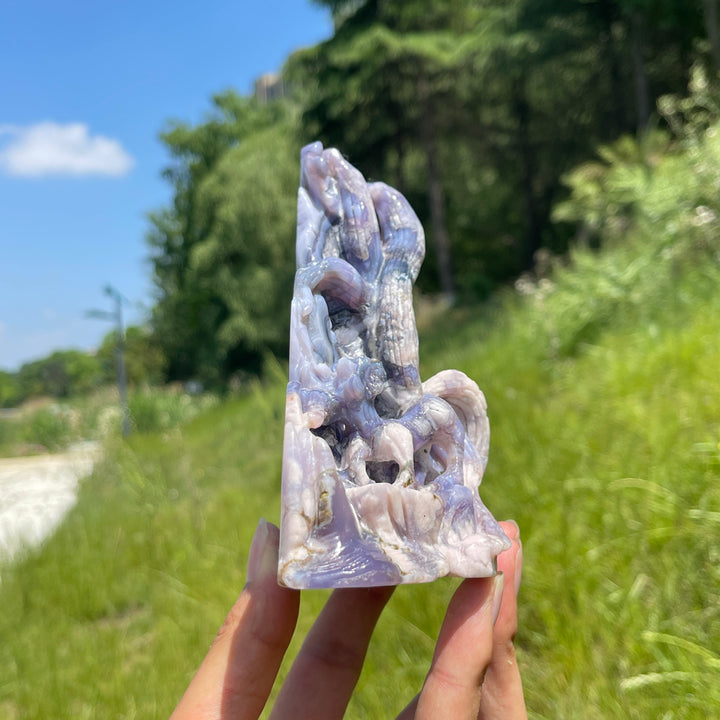 Unique,Natural Enchanted Blue Flower Agate Nine-Tailed Fox Carving