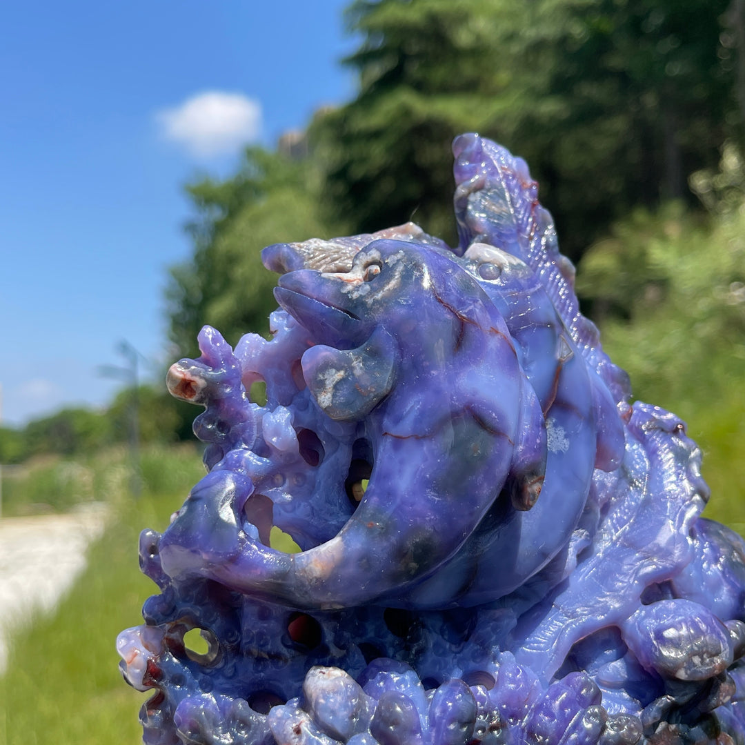 Unique,Natural Whimsical Blue Flower Agate Underwater World Carving