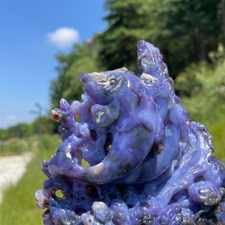 Unique,Natural Whimsical Blue Flower Agate Underwater World Carving