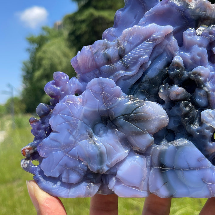 Unique,Natural Whimsical Blue Flower Agate Underwater World Carving