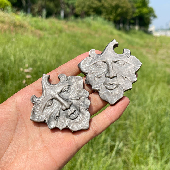 Natural Crystal Silver Obsidian Leaf Face Carving