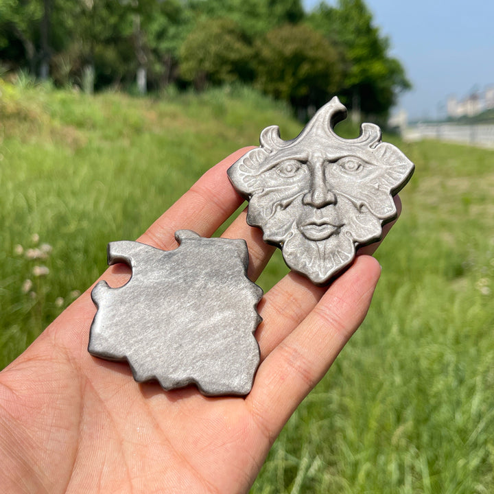 Natural Crystal Silver Obsidian Leaf Face Carving