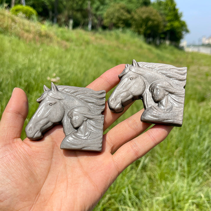 Natural Crystal Silver Obsidian Maiden With Horse Carving