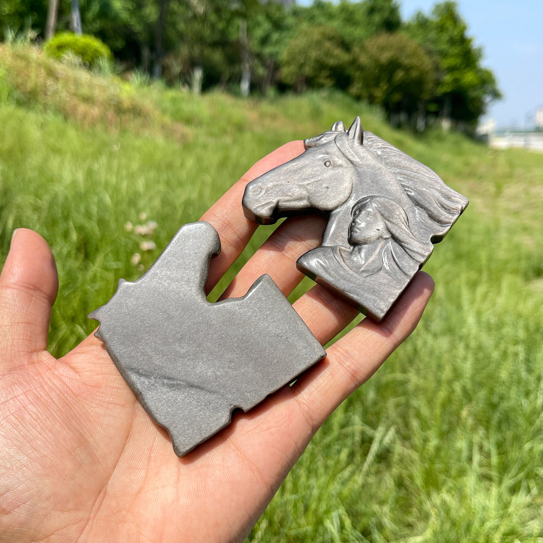 Natural Crystal Silver Obsidian Maiden With Horse Carving
