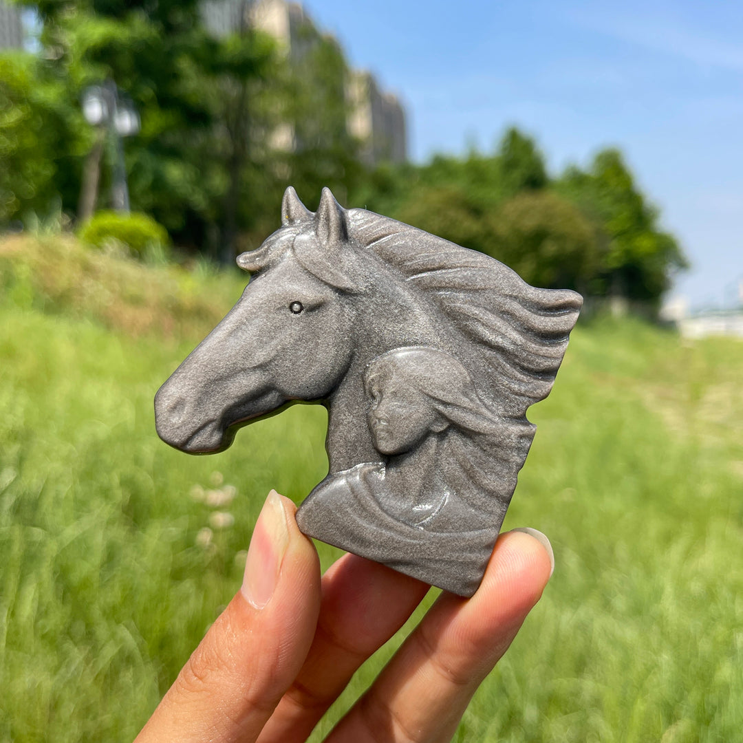 Natural Crystal Silver Obsidian Maiden With Horse Carving