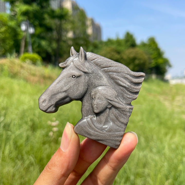 Natural Crystal Silver Obsidian Maiden With Horse Carving