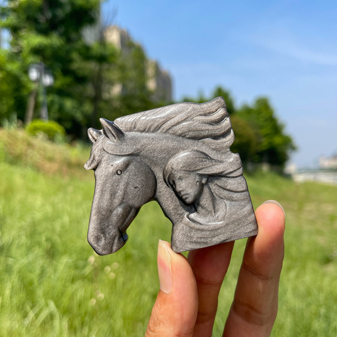 Natural Crystal Silver Obsidian Maiden With Horse Carving