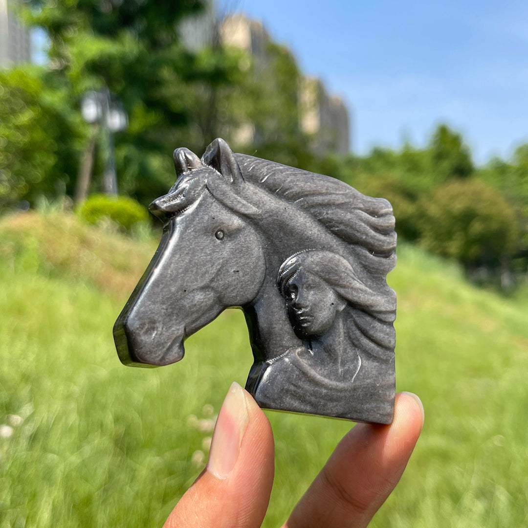 Natural Crystal Silver Obsidian Maiden With Horse Carving