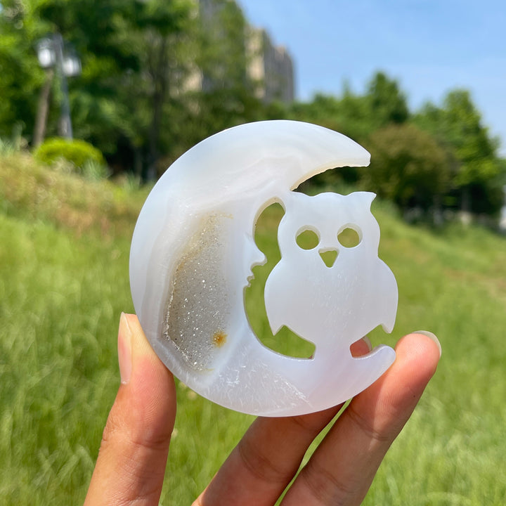 Natural Agate Geode Moon With Owl Carving
