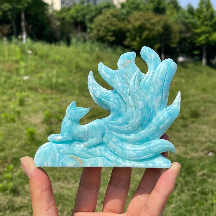 Unique,Natural Hemimorphite Looking back Nine-Tailed Fox Carving