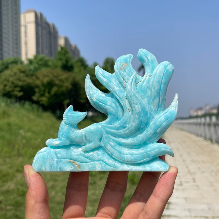 Unique,Natural Hemimorphite Looking back Nine-Tailed Fox Carving