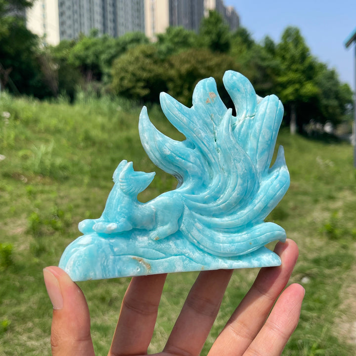 Unique,Natural Hemimorphite Looking back Nine-Tailed Fox Carving