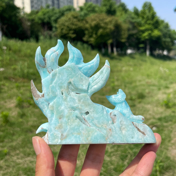 Unique,Natural Hemimorphite Looking back Nine-Tailed Fox Carving