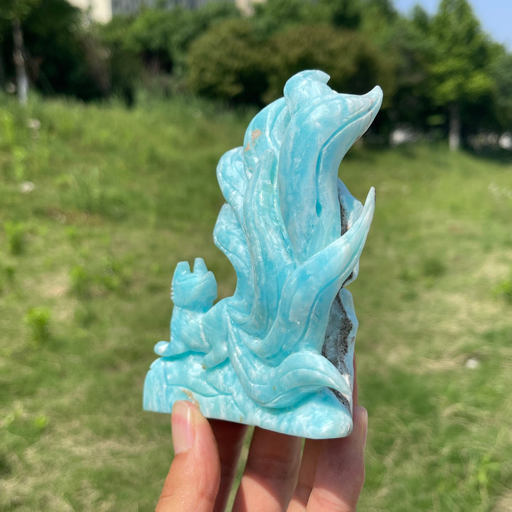 Unique,Natural Hemimorphite Looking back Nine-Tailed Fox Carving