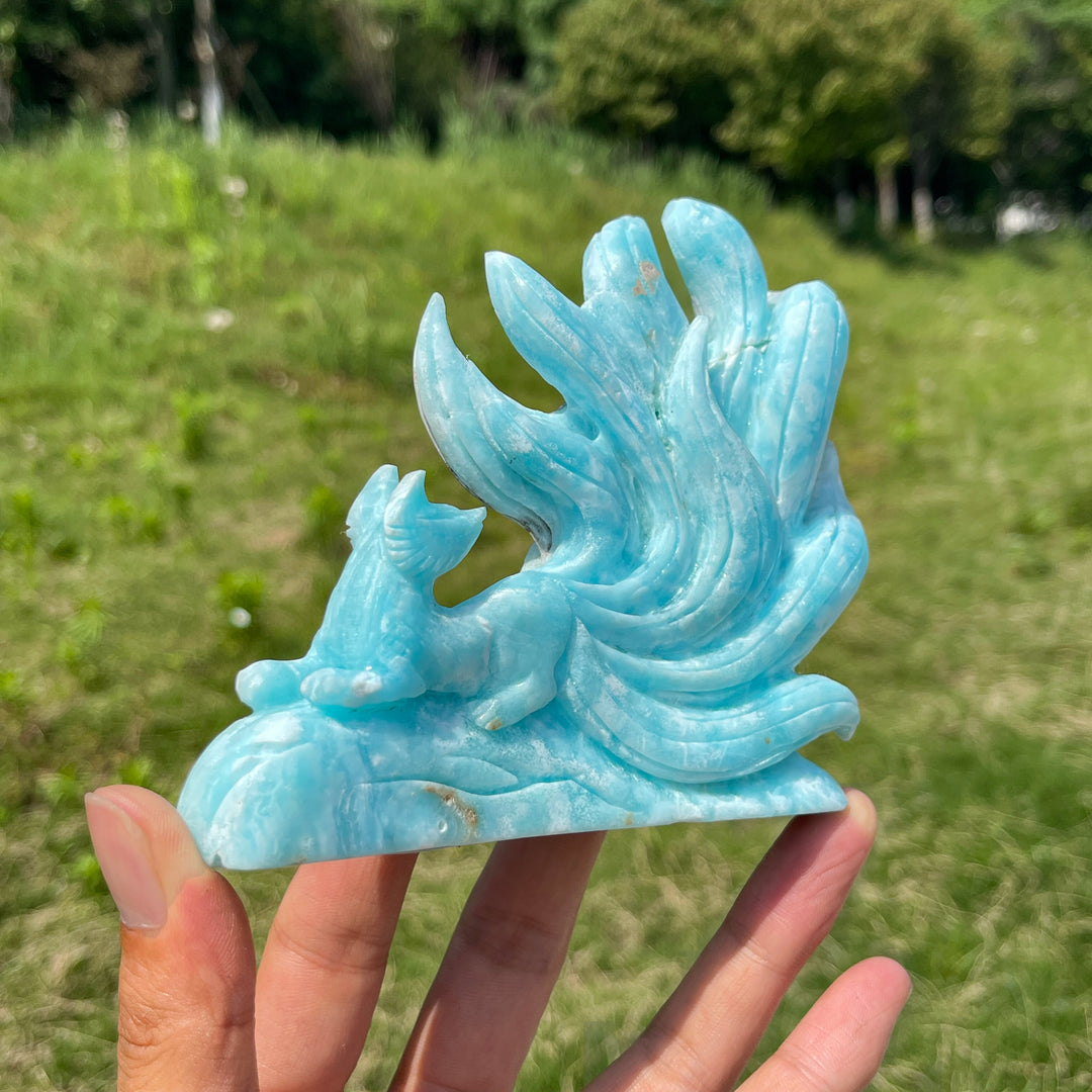 Unique,Natural Hemimorphite Looking back Nine-Tailed Fox Carving