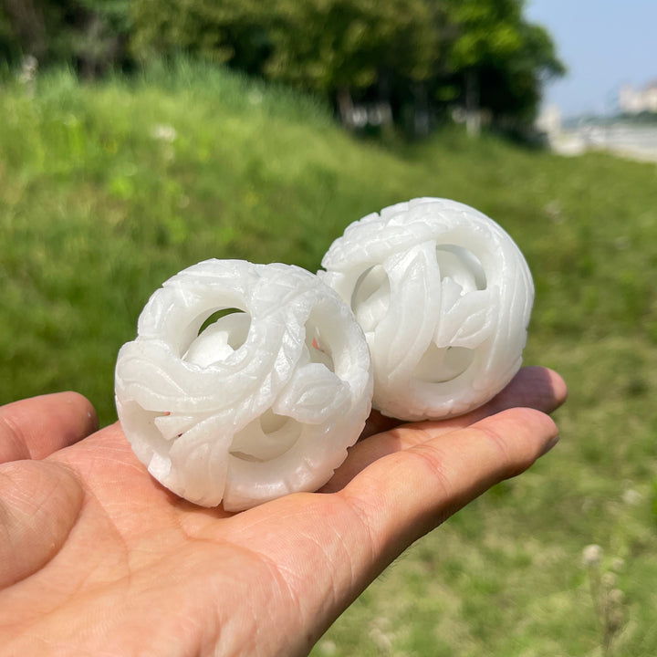 Natural Crystal White Jade Linglong Hollow Sphere