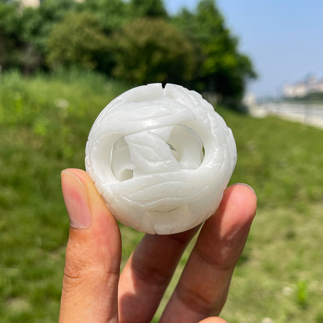Natural Crystal White Jade Linglong Hollow Sphere