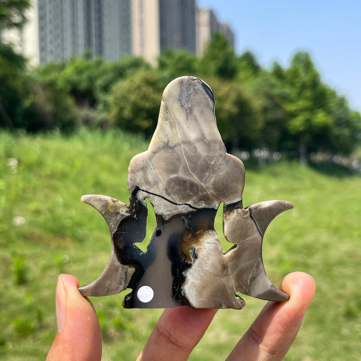 A Slightly Imperfect Natural Crystal Triple Moon Goddess Carving