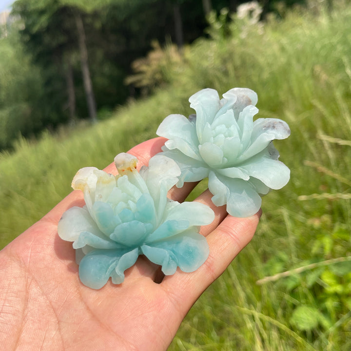 Unique,Natural Blue Quartzite Peony Flower Carving