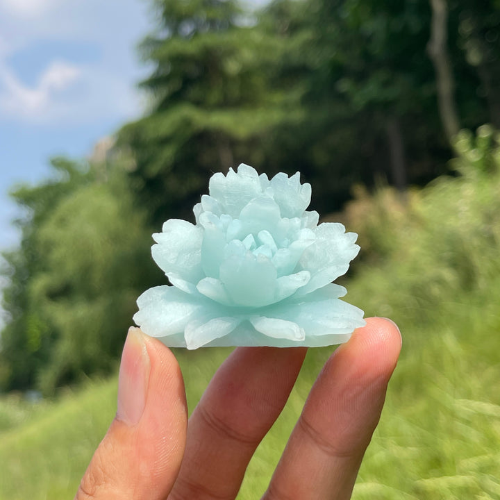 Unique,Natural Blue Quartzite Peony Flower Carving