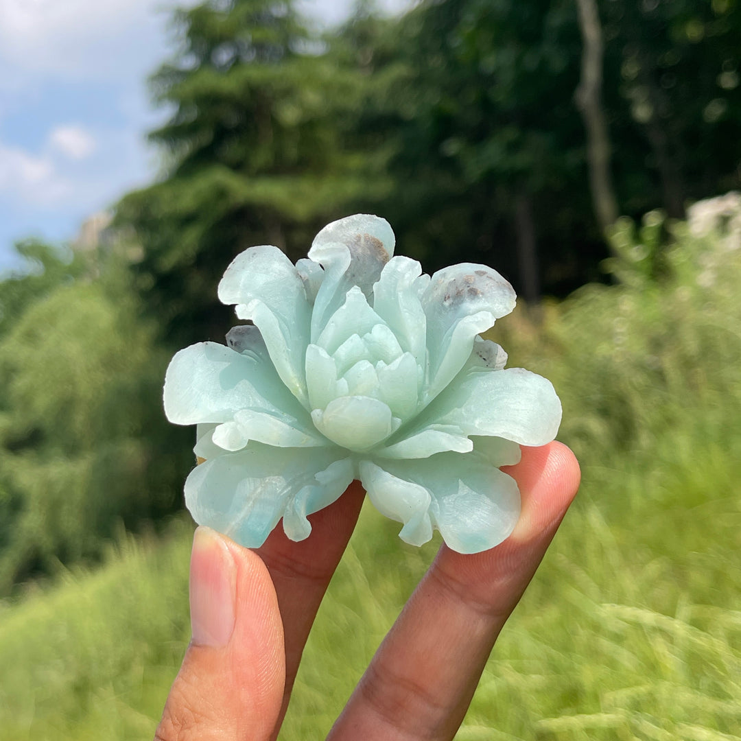 Unique,Natural Blue Quartzite Peony Flower Carving