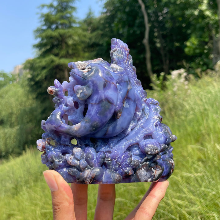 Unique,Natural Whimsical Blue Flower Agate Underwater World Carving
