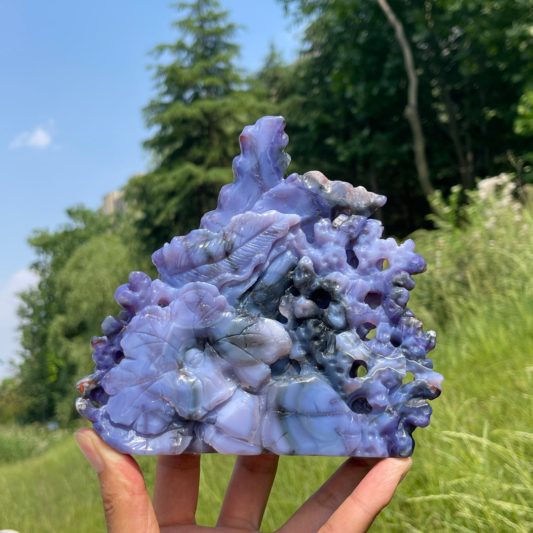 Unique,Natural Whimsical Blue Flower Agate Underwater World Carving
