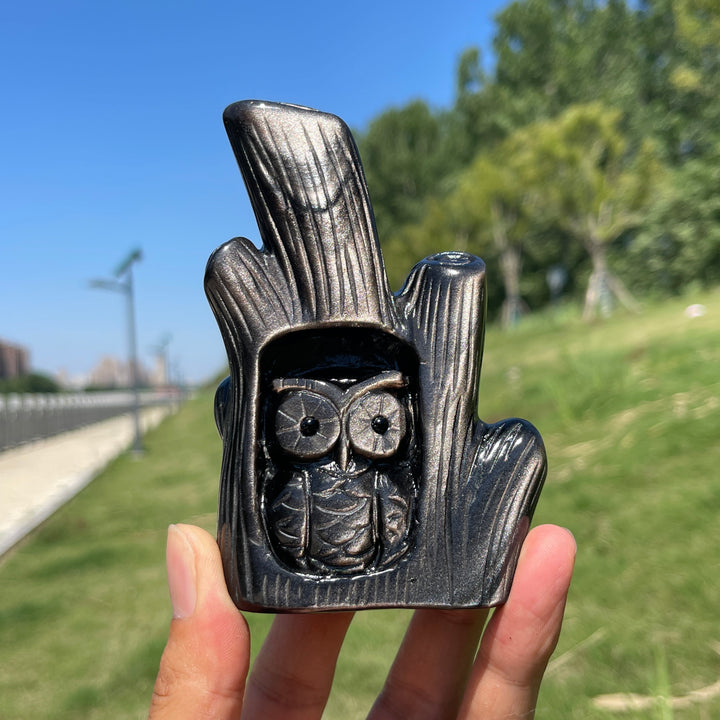Unique,Natural Silver Obsidian Owl In Tree Stump Carving