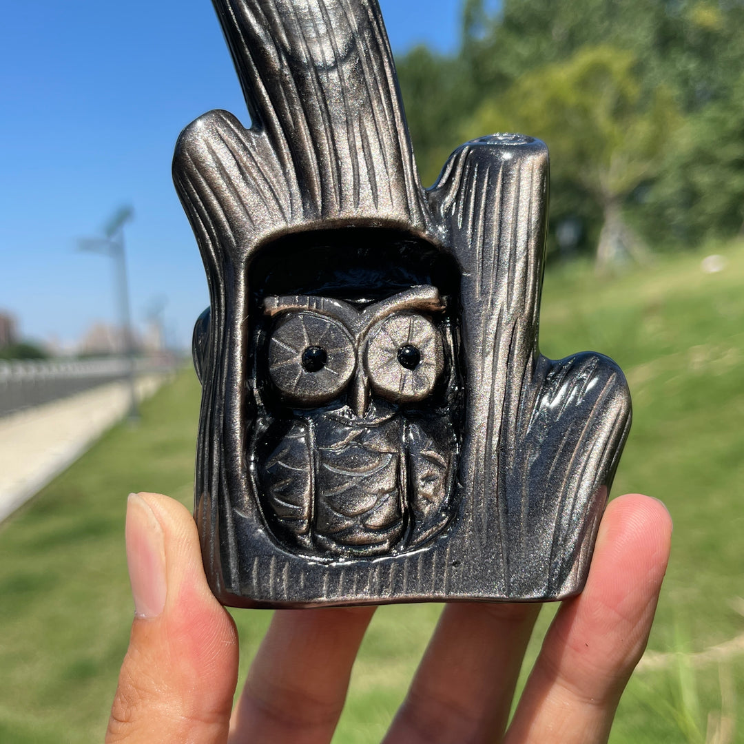 Unique,Natural Silver Obsidian Owl In Tree Stump Carving