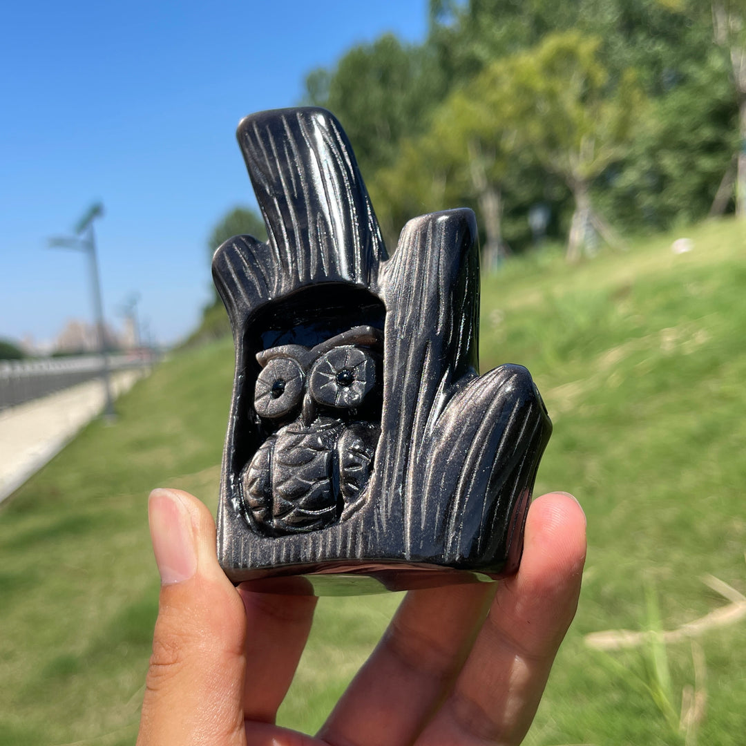 Unique,Natural Silver Obsidian Owl In Tree Stump Carving