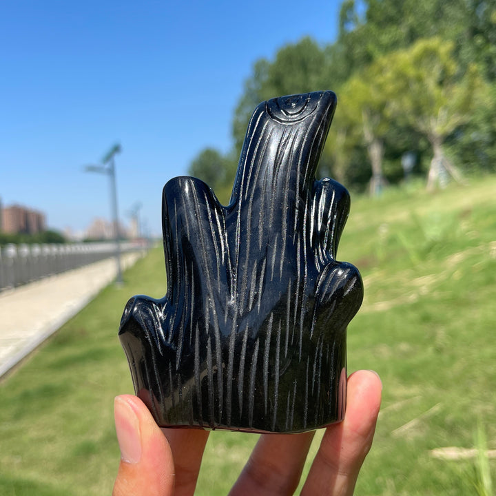 Unique,Natural Silver Obsidian Owl In Tree Stump Carving