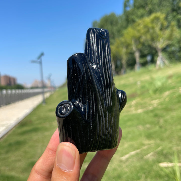 Unique,Natural Silver Obsidian Owl In Tree Stump Carving