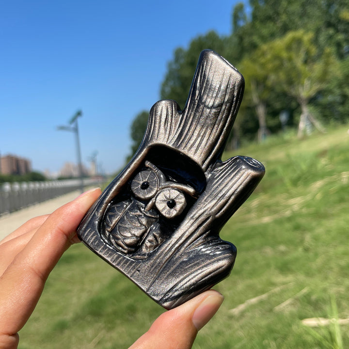Unique,Natural Silver Obsidian Owl In Tree Stump Carving