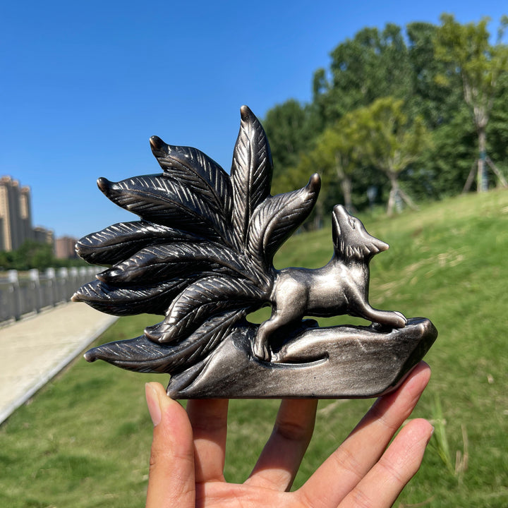 Unique,Natural Enchanting Silver Obsidian Nine-Tailed Fox Carving