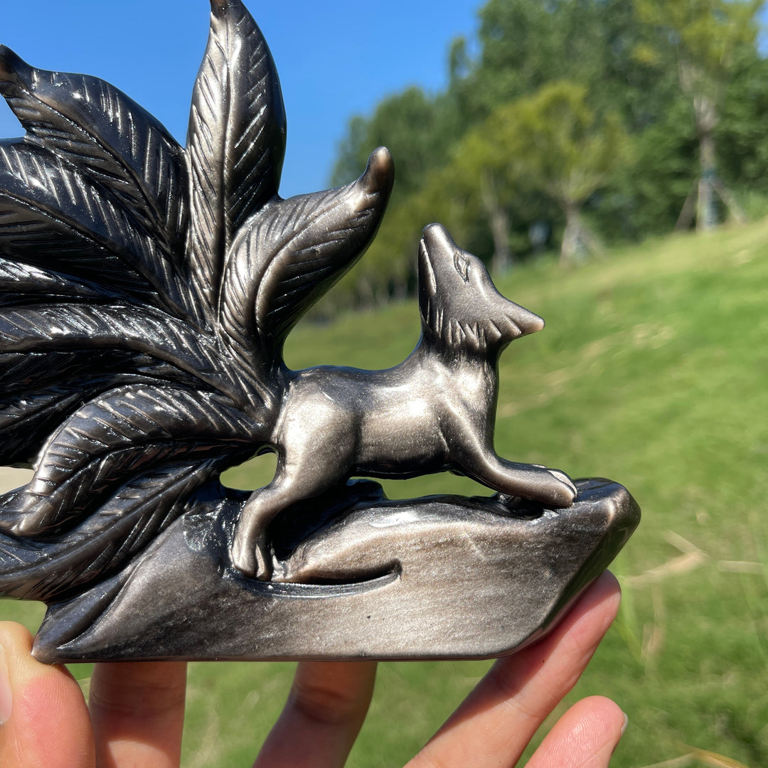 Unique,Natural Enchanting Silver Obsidian Nine-Tailed Fox Carving