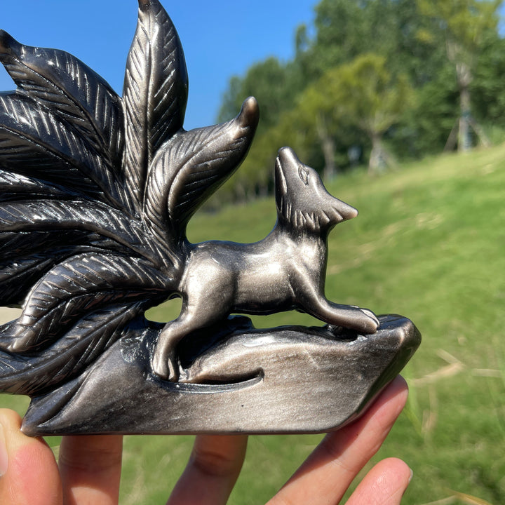 Unique,Natural Enchanting Silver Obsidian Nine-Tailed Fox Carving