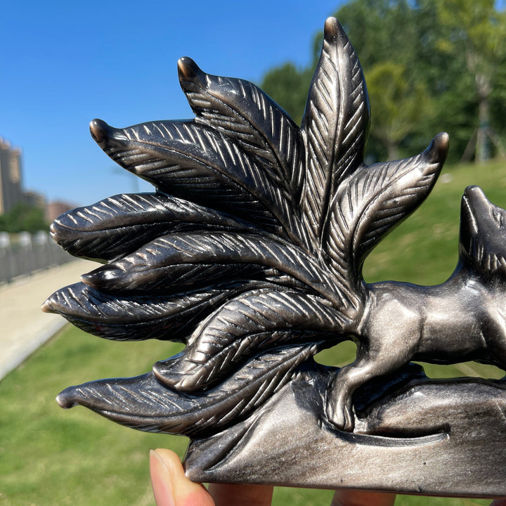 Unique,Natural Enchanting Silver Obsidian Nine-Tailed Fox Carving
